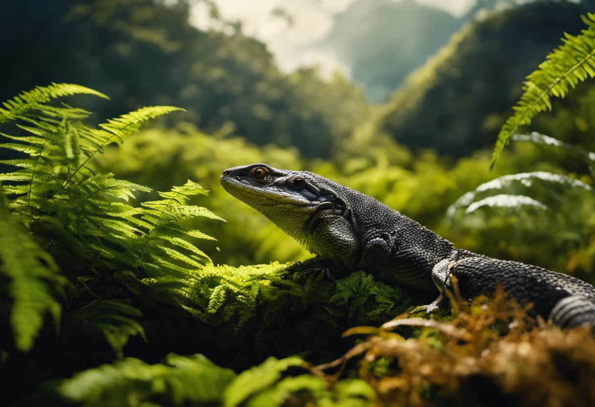 An image showcasing New Zealand's snake-free status: a vibrant, lush landscape with native flora and fauna, including a tuatara basking in the sun, surrounded by ferns, while native birds soar above