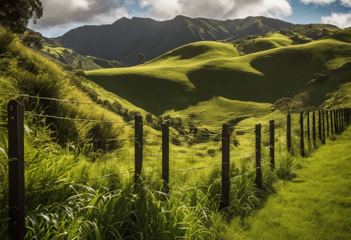 An image depicting a lush, verdant landscape in New Zealand with a sturdy, impenetrable fence stretching across the horizon