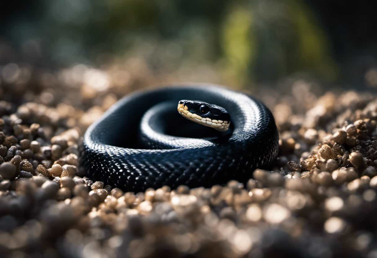 An image capturing the essence of testing Snake Away on black snakes: a close-up shot of a coiled black snake, surrounded by a scattering of Snake Away granules, showcasing the effectiveness of the product