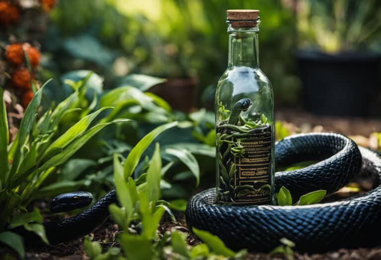 An image showcasing a vibrant backyard garden with a diverse array of plant life, a black snake slithering through the foliage, while a bottle of Snake Away sits inconspicuously nearby