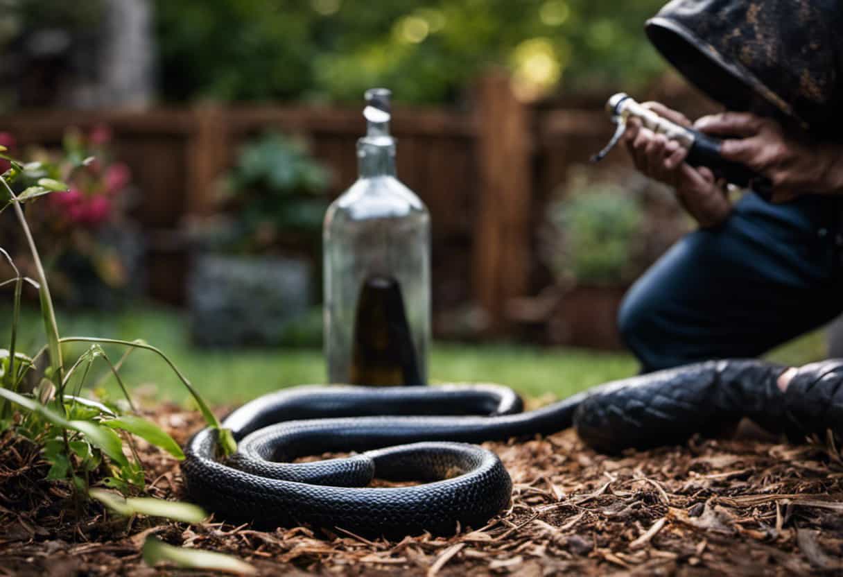 An image depicting a serene backyard setting with a bottle of Snake Away strategically placed near a black snake slithering nearby