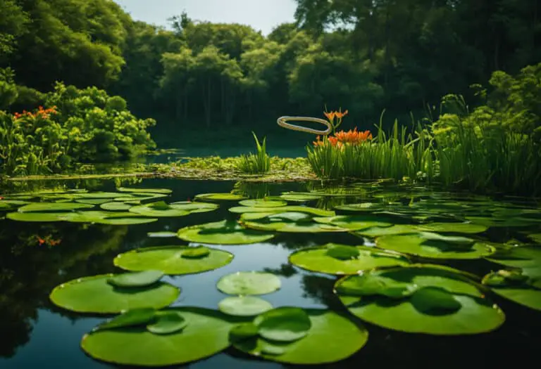 An image showcasing a lush green pond with vibrant lily pads, surrounded by dense foliage