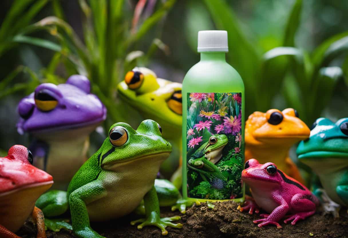An image showcasing a lush garden backdrop with a snake repellent spray bottle placed beside a cluster of colorful frogs