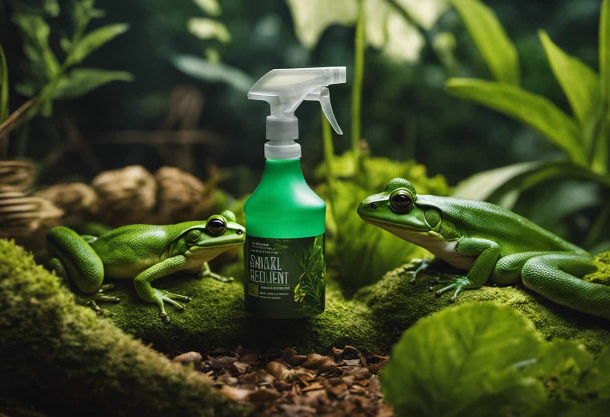 An image showcasing a serene garden scene with a snake repellent spray bottle placed away from a group of peaceful frogs, illustrating the effectiveness of non-harmful methods for frog removal