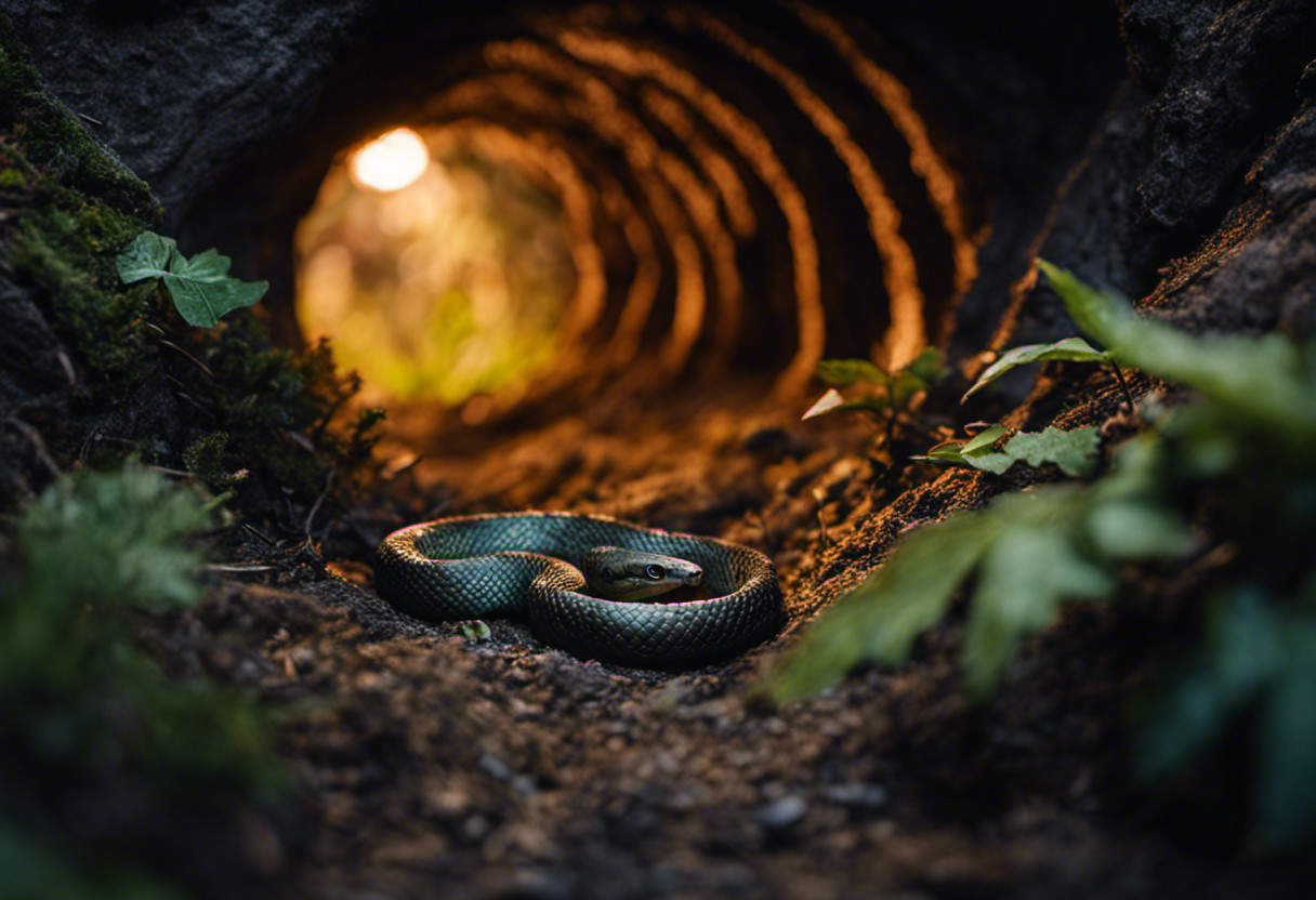An image depicting a cross-section of snake burrows during winter, revealing intricate underground tunnels lined with insulating materials, like leaves and soil, illustrating snakes' resourceful strategies for surviving the cold