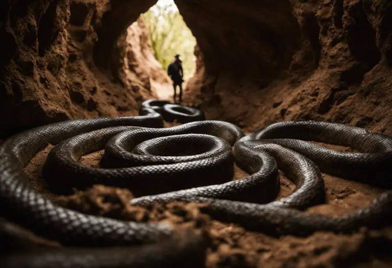 An image capturing the labyrinthine depths of snake burrows, with intricate tunnels snaking through layers of soil, revealing hidden chambers adorned with delicate scales, and subtly hinting at the serpentine inhabitants lurking within
