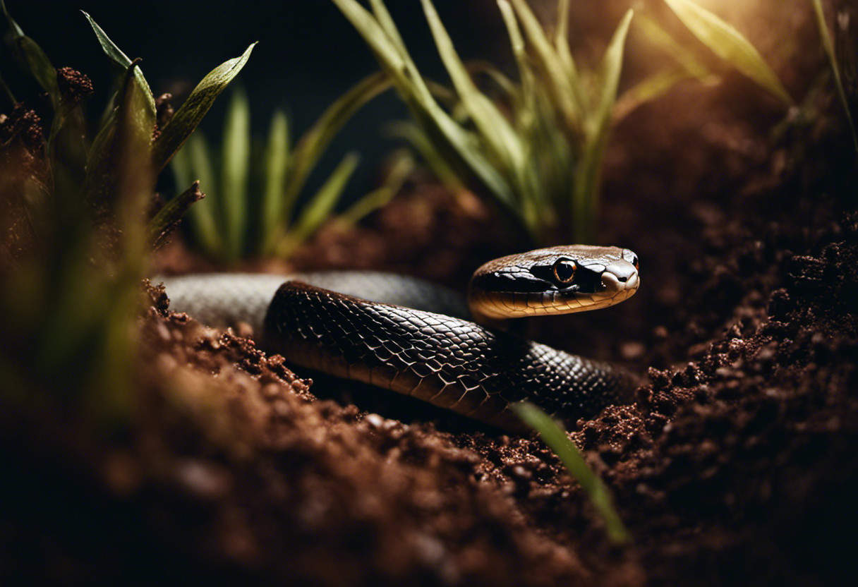 An image showcasing a snake effortlessly sliding into a hidden burrow, disappearing into the cool, dark depths of the earth