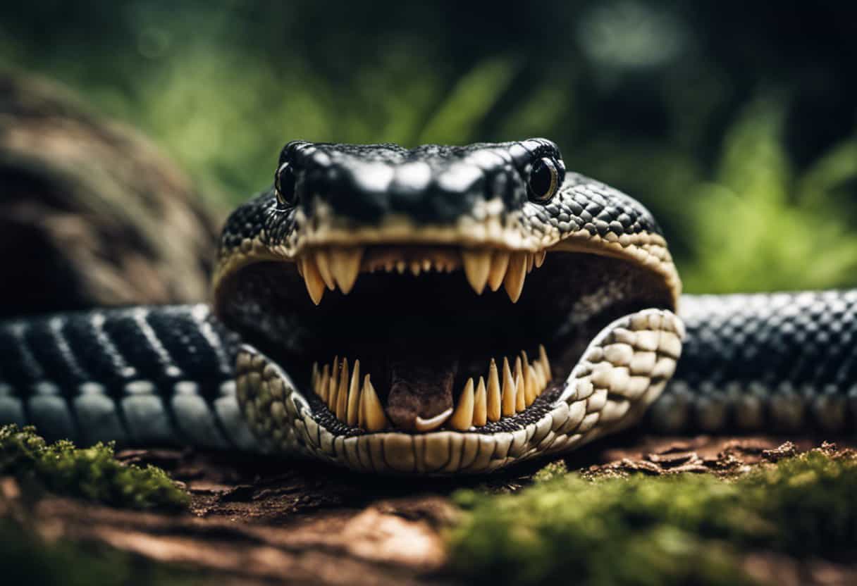 An image showcasing the striking contrast between the prehistoric jaw of a large snake, lined with sharp, recurved teeth, and the slender, elongated jaws of a modern snake, displaying specialized, curved fangs