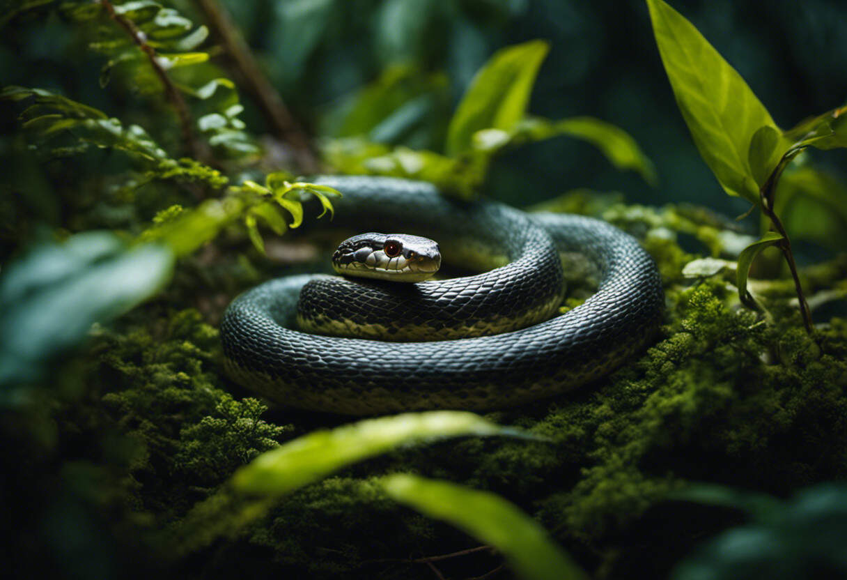 An image showcasing a snake coiled around a cluster of delicate twigs and leaves, meticulously constructing a nest in a vibrant, dense jungle