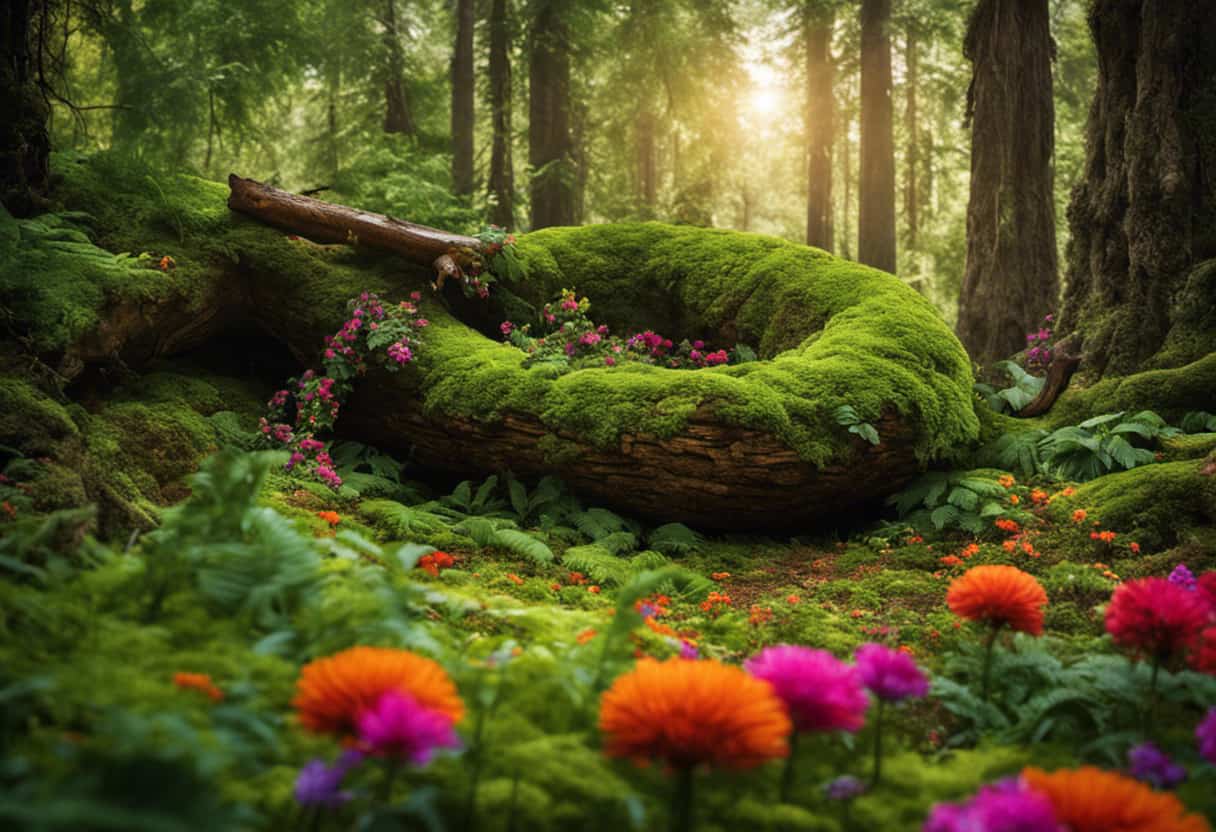 An image showcasing a lush green forest with tall trees and fallen logs, adorned with colorful flowers and dense foliage