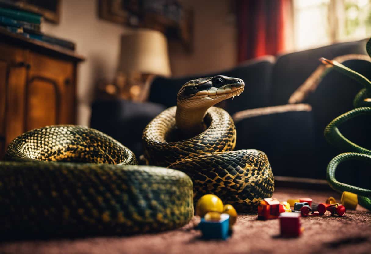 An image capturing the surprise of finding a snake's nest inside a cozy living room, with slithering serpents coiled around furniture, their scaly bodies intertwined amidst scattered toys and books, amidst a backdrop of startled human expressions