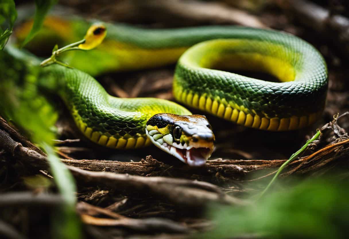 An image showcasing a female snake regurgitating a meal for her hungry offspring, emphasizing the intricate process of parental care