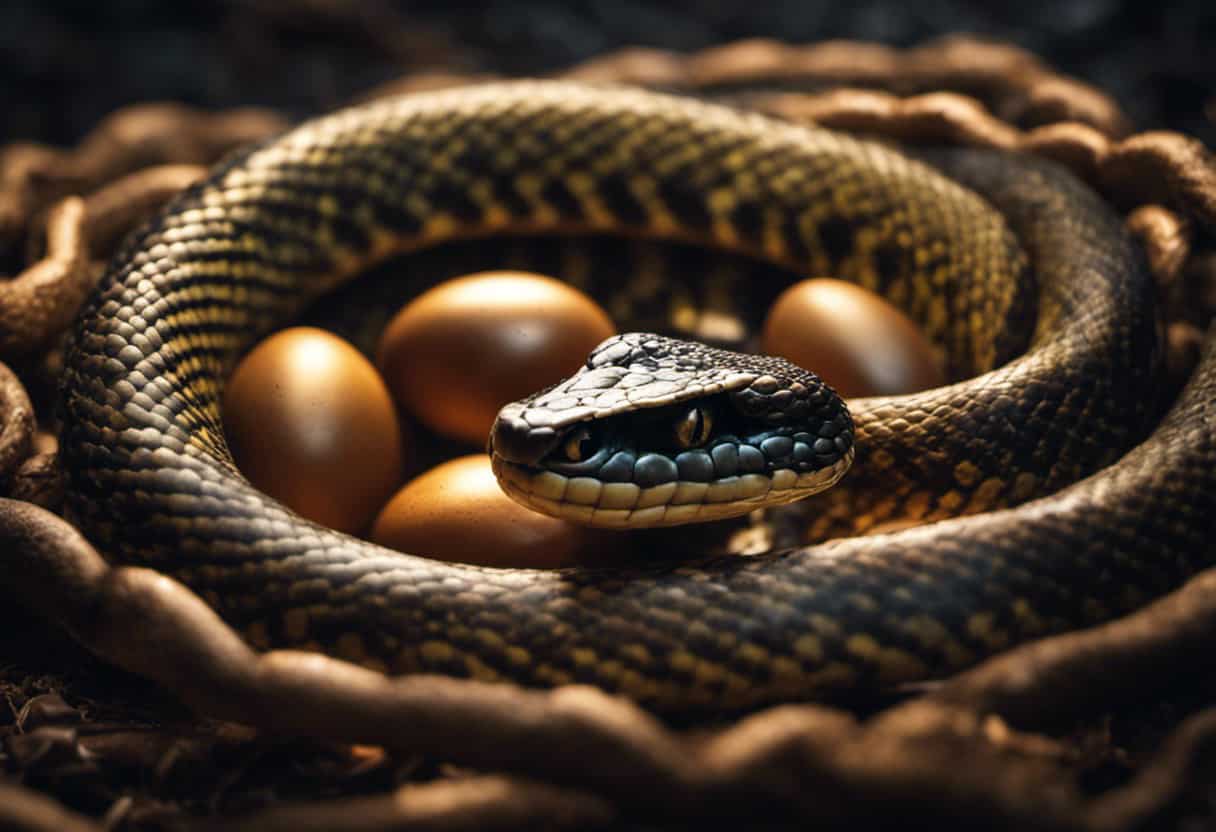 An image showcasing a female snake regurgitating a cluster of eggs, surrounded by newborn snakes emerging from their leathery shells