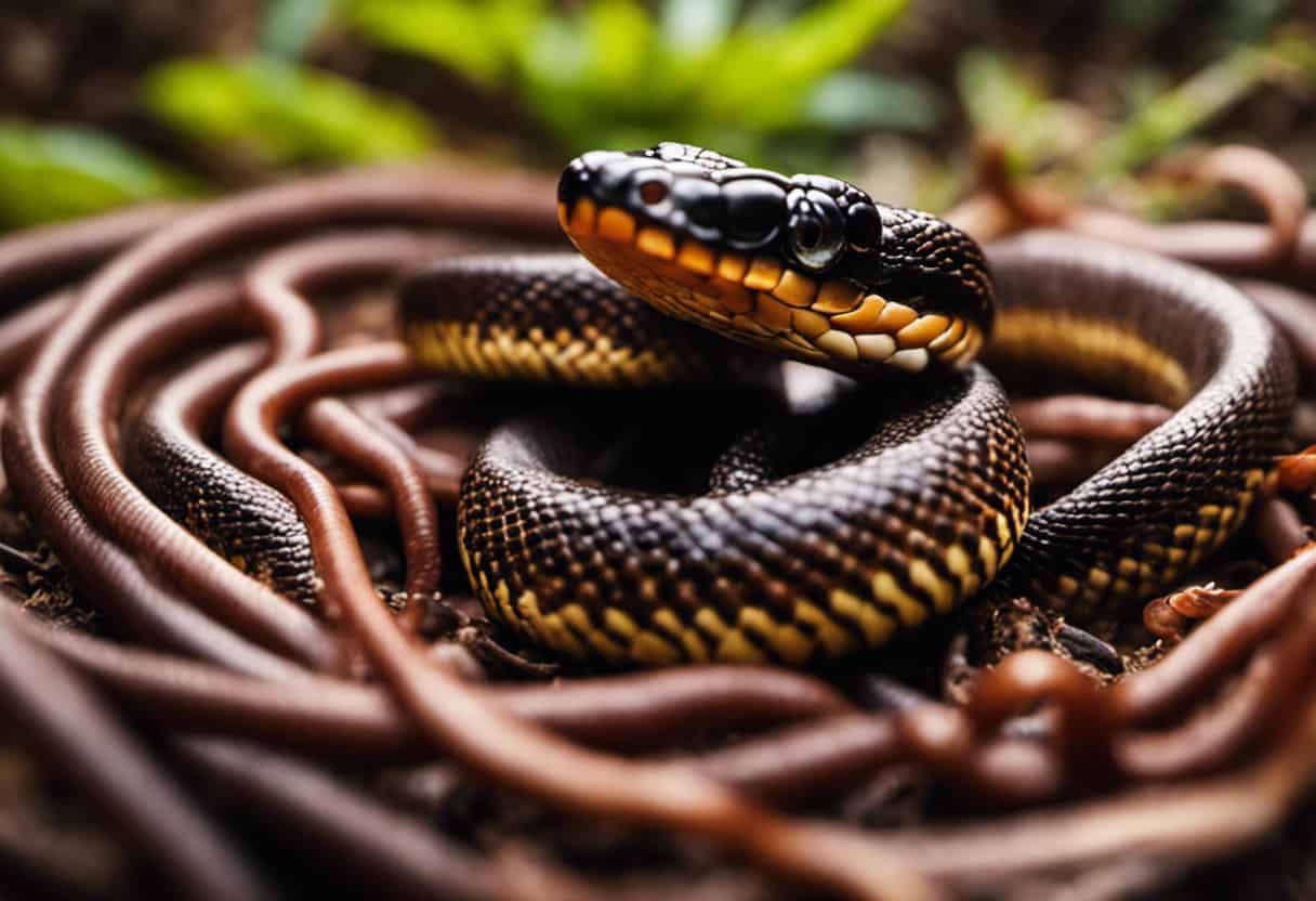 An image showcasing a tiny nest of newly hatched snakes surrounded by vibrant, wriggling earthworms