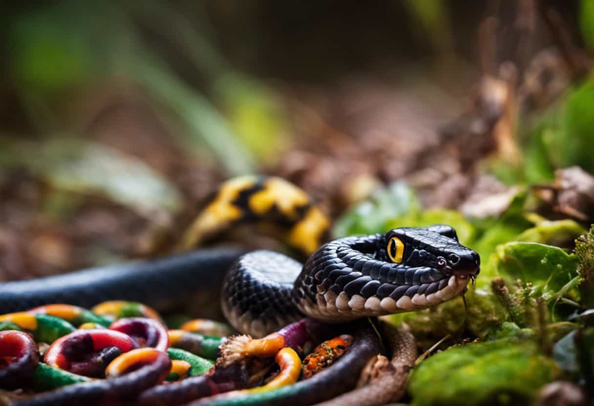 An image showcasing a snake regurgitating a colorful assortment of freshly caught mice, lizards, and frogs, highlighting the diverse and nutritious types of prey provided to baby snakes