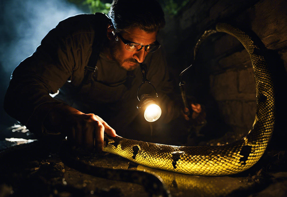 An image showcasing a professional snake removal expert, equipped with specialized tools like snake hooks and a headlamp, carefully extracting a snake from a dimly lit basement, ensuring a safe and effective removal process