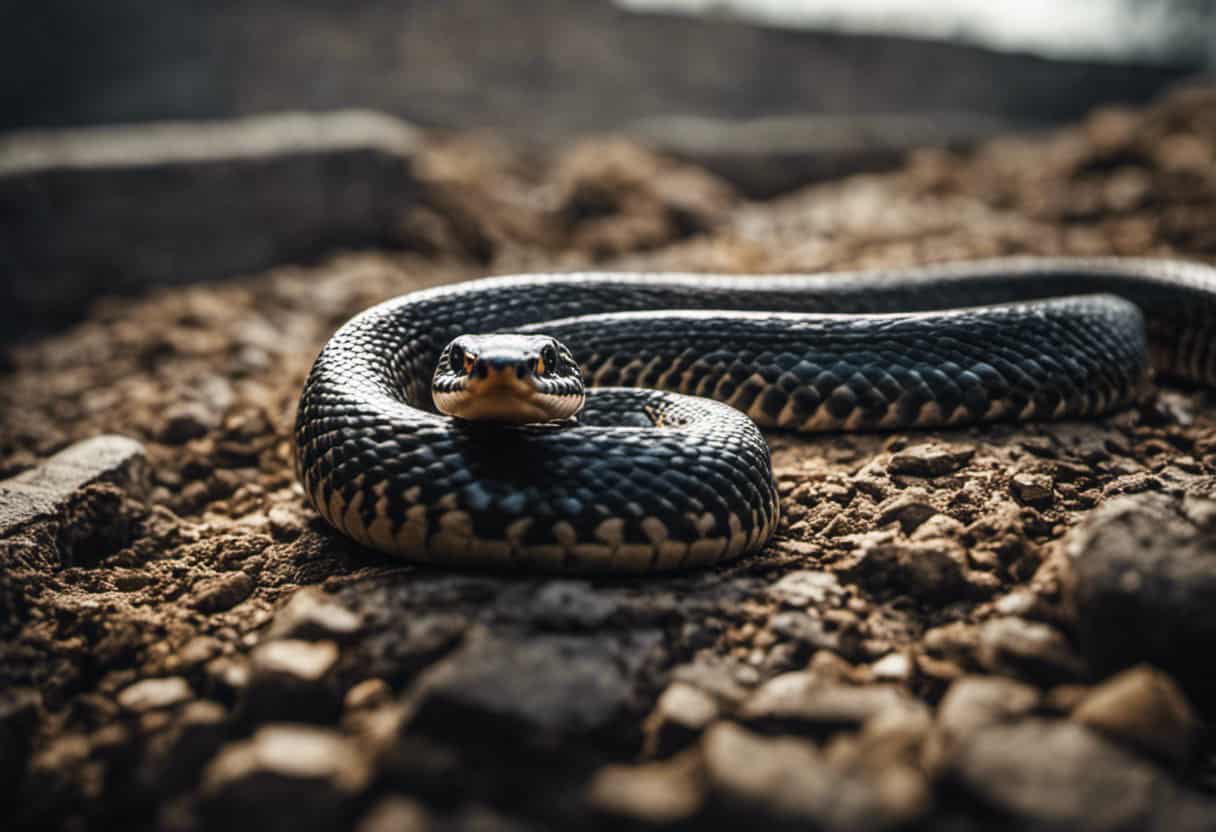 An image depicting a snake effortlessly slithering through a narrow crack in a concrete foundation, showcasing its flexible body contorting to fit the tight space, and highlighting the intricate details of its scales and mesmerizing patterns