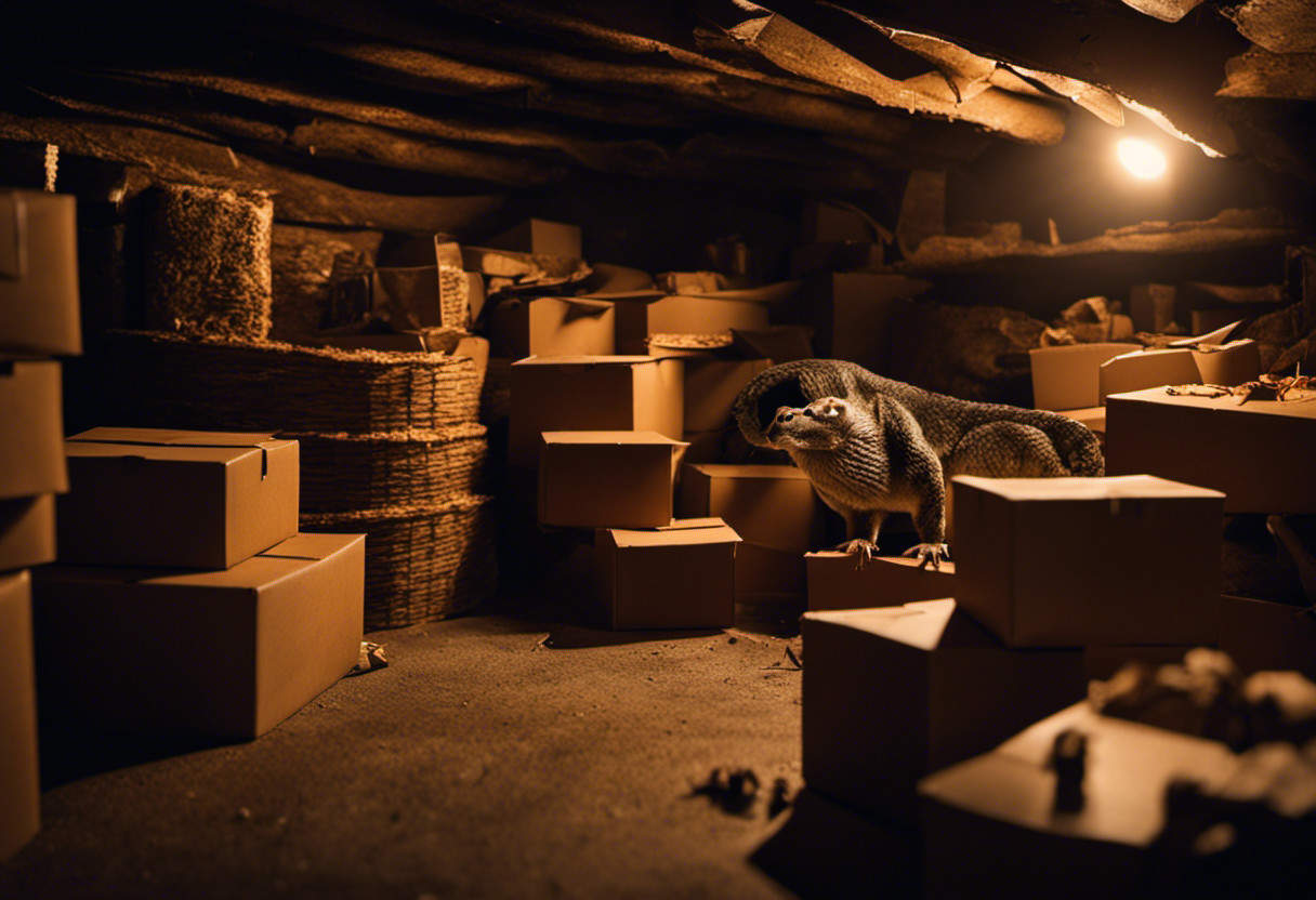 An image depicting a dimly lit basement cluttered with cardboard boxes, showing a small hole in the wall where rodents enter