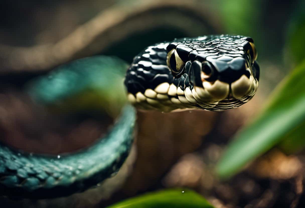 An image capturing the intricate details of a snake's drinking mechanism and anatomy: depict a snake's forked tongue delicately lapping droplets of water, with its specialized scales and muscular jaws visible
