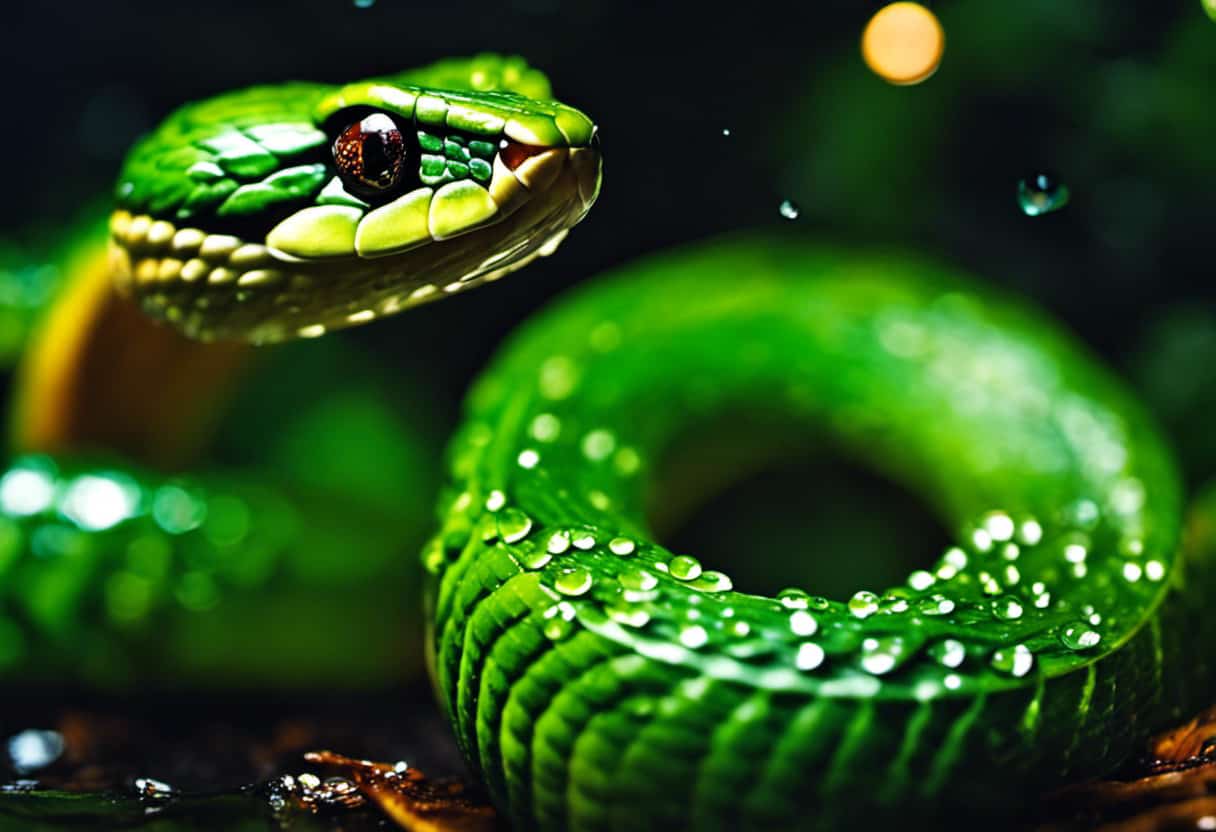 An image showcasing a slithering snake gracefully coiling around a shimmering raindrop-laden leaf, delicately lapping up droplets with its flickering forked tongue, demonstrating the unique technique of drinking from standing water