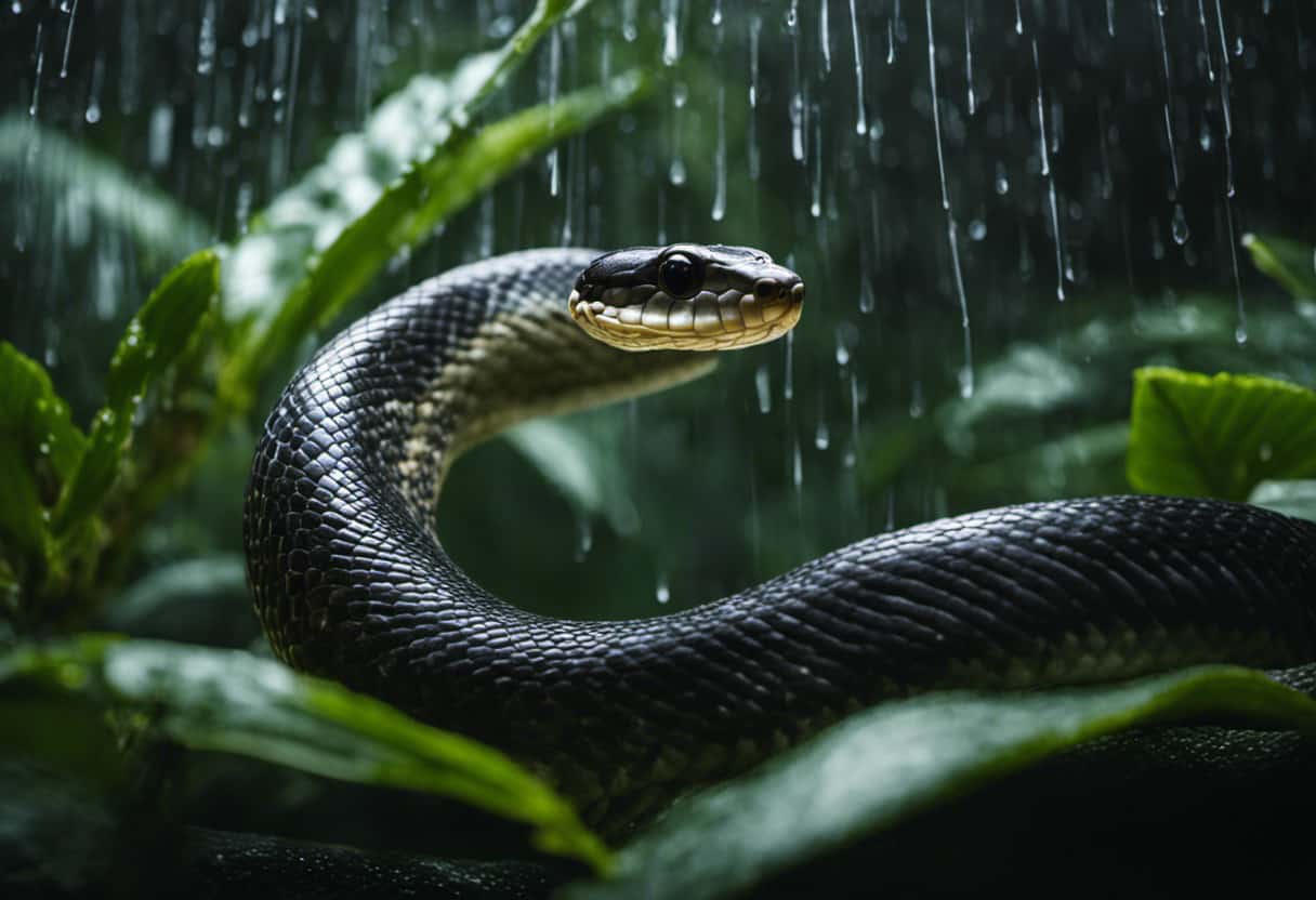 An image capturing a snake gracefully coiled within a glass enclosure, surrounded by lush tropical foliage