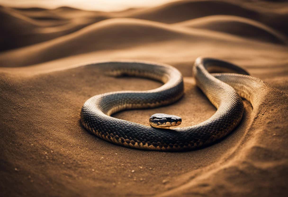 An image showcasing a sidewinding snake gracefully slithering on loose sand, its body forming a series of overlapping curves