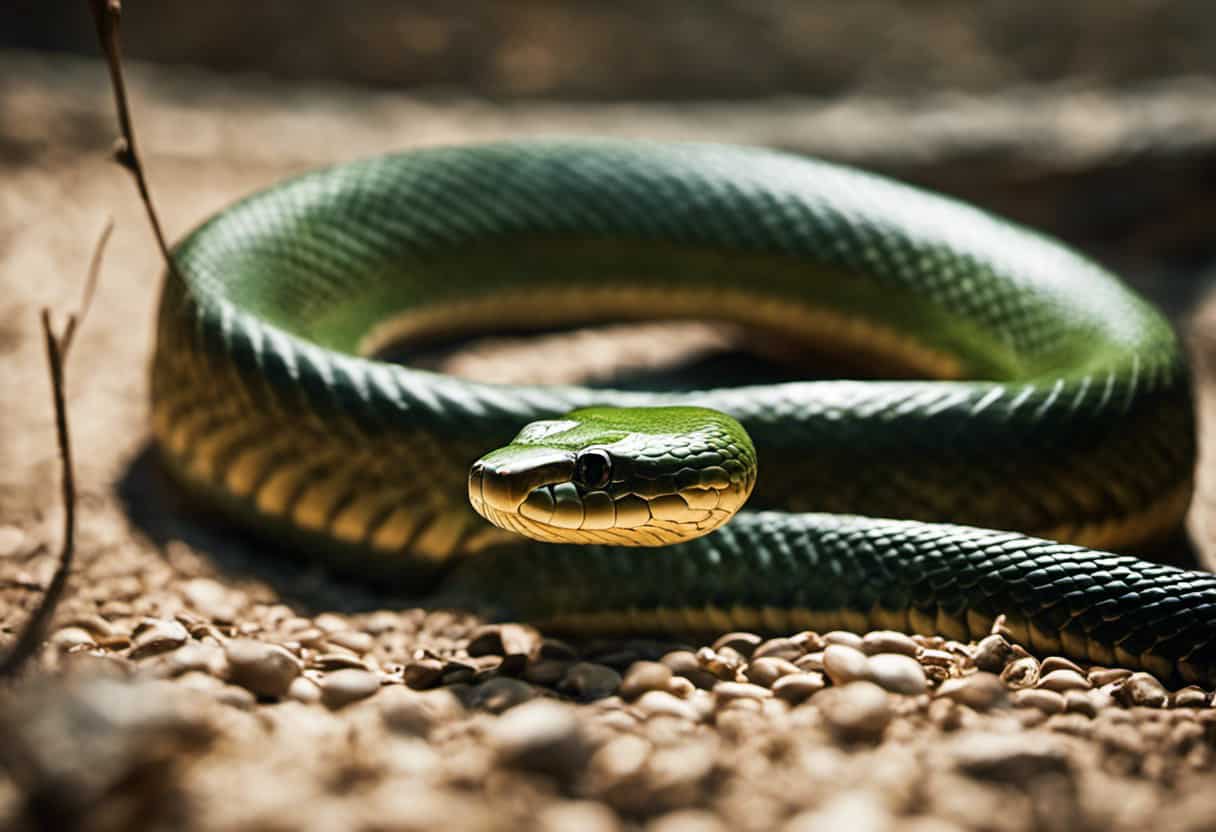 An image showcasing a snake's lateral undulation: a sinuous, serpentine motion where the snake bends its body from side to side, vividly depicting the undulating curves as it glides effortlessly across the ground