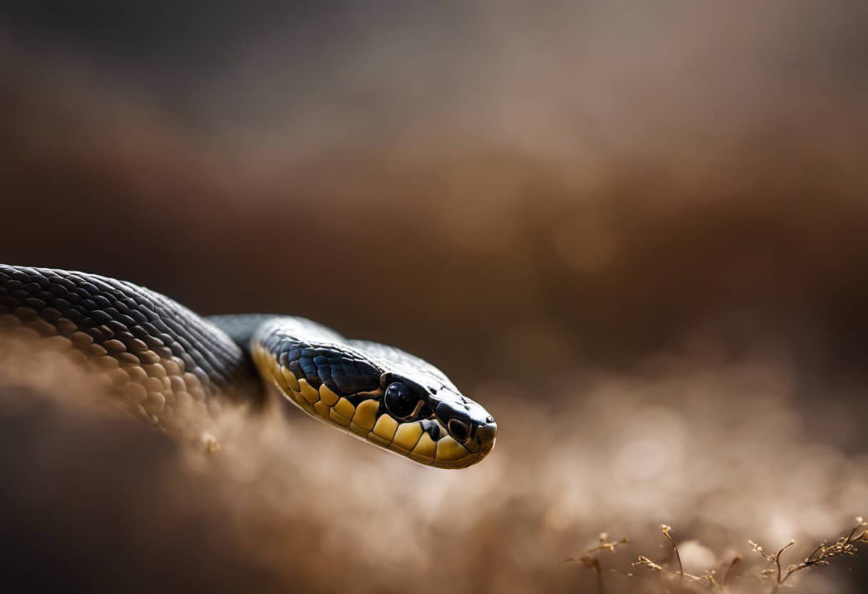 An image capturing the mesmerizing movement of a snake, showcasing its sinuous body gliding effortlessly across the ground