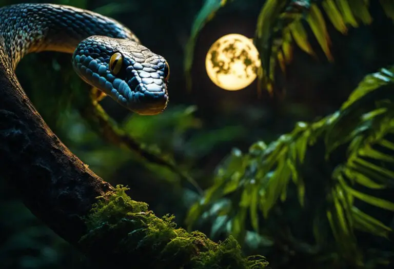 An image depicting a moonlit jungle scene with a striking snake poised on a tree branch