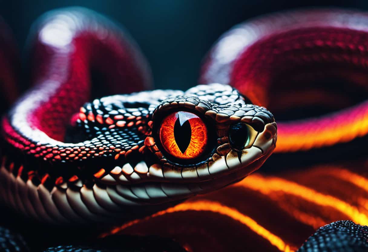 An image showcasing the intricate structure of a snake's eyes, utilizing vibrant hues of infrared light and showcasing the mesmerizing pyroelectric materials that enable these creatures to see clearly in the darkness of night