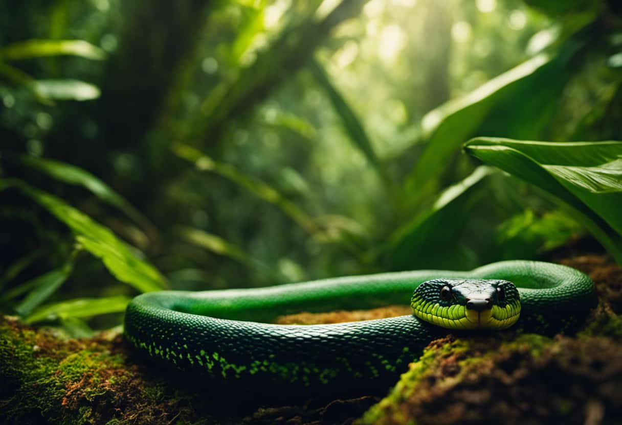 An image showcasing a vibrant rainforest scene with a snake's eye view, highlighting its unique heat-sensing pits and elliptical pupils