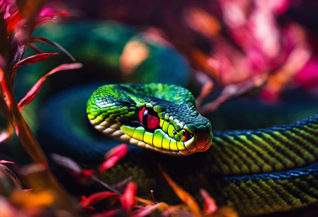An image showcasing a snake's perspective of its surroundings - vibrant colors, heat signatures, and infrared vision