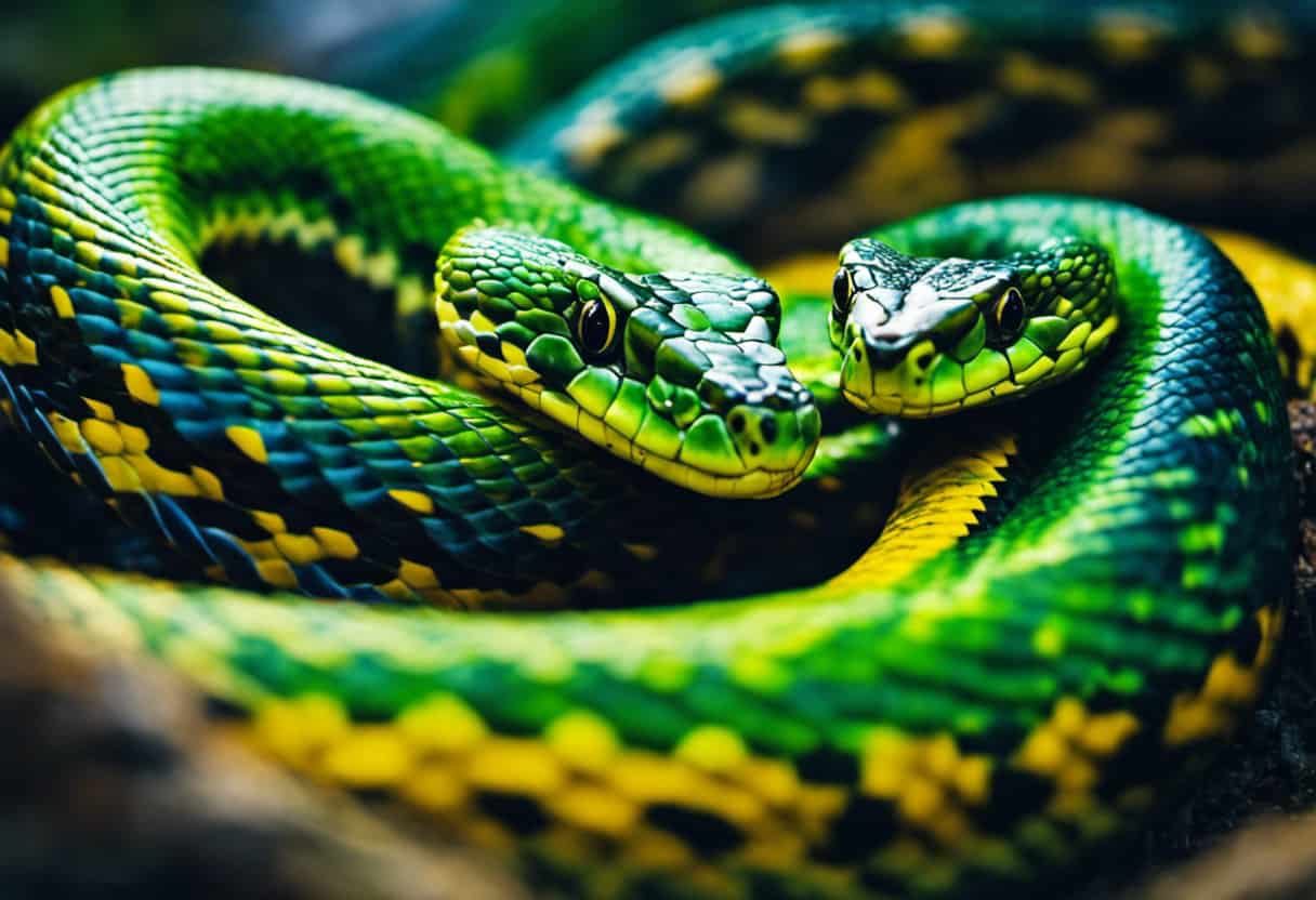 An image showcasing a snake's perspective: a vivid, kaleidoscopic world blending vibrant greens, blues, and yellows, with sharp clarity in the foreground and a gradual fading of colors into the distance