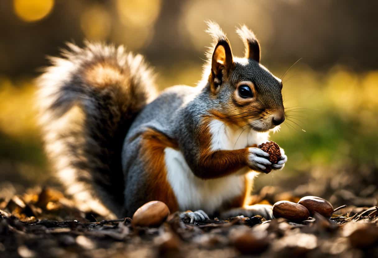 An image of a person sitting cross-legged on the ground, hand-feeding a squirrel perched on their shoulder