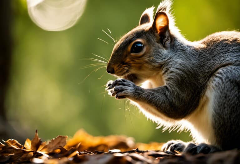 An image capturing the intimate moment when a squirrel playfully nibbles on your finger, its bright eyes locked onto yours with trust and adoration, as soft rays of sunlight filter through the lush foliage