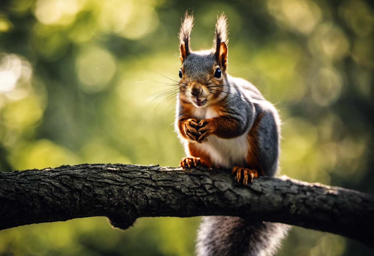 An image capturing a close-up shot of a curious squirrel, its bright, beady eyes locked onto yours, as it perches on a tree branch