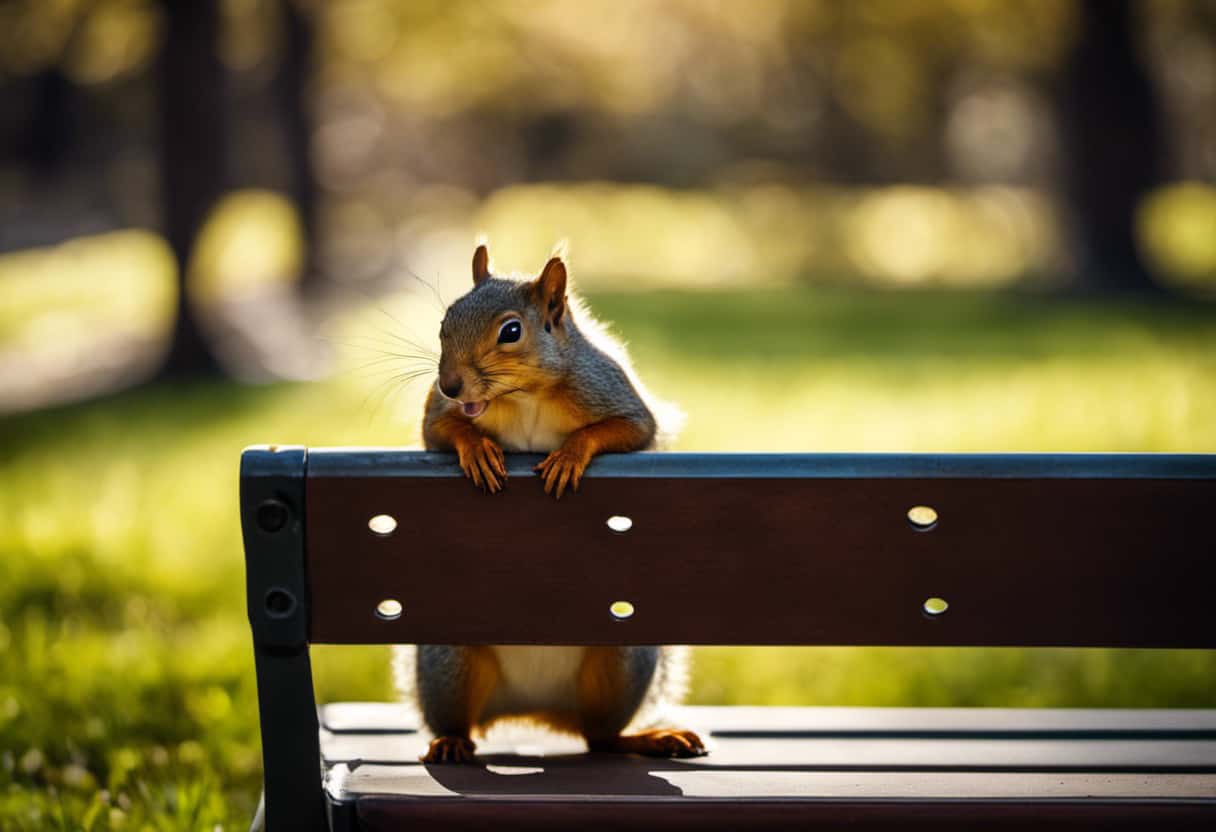 An image of a person sitting on a park bench, smiling with joy as a squirrel rests comfortably in their lap, its tiny paws gently gripping their fingers, basking in the warmth of their touch