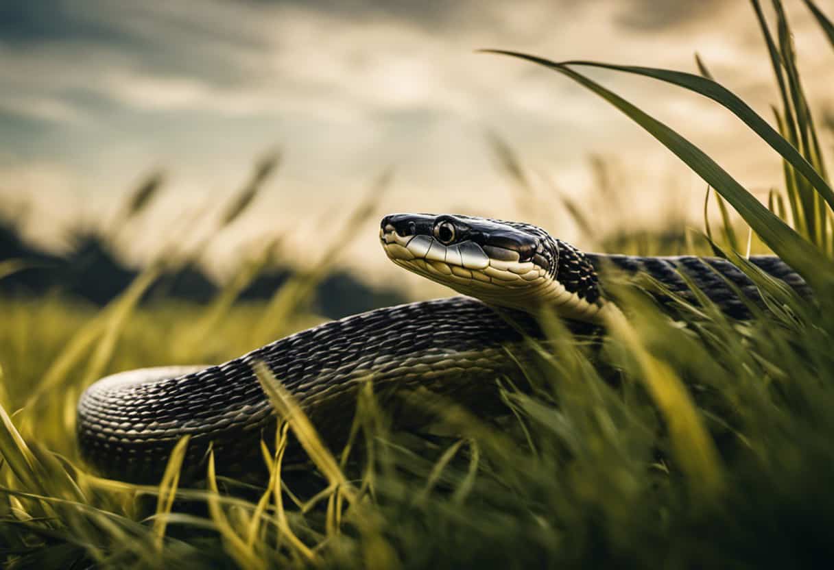 An image showcasing a sleek, sinuous snake gliding effortlessly through tall grass, its undulating body forming graceful curves