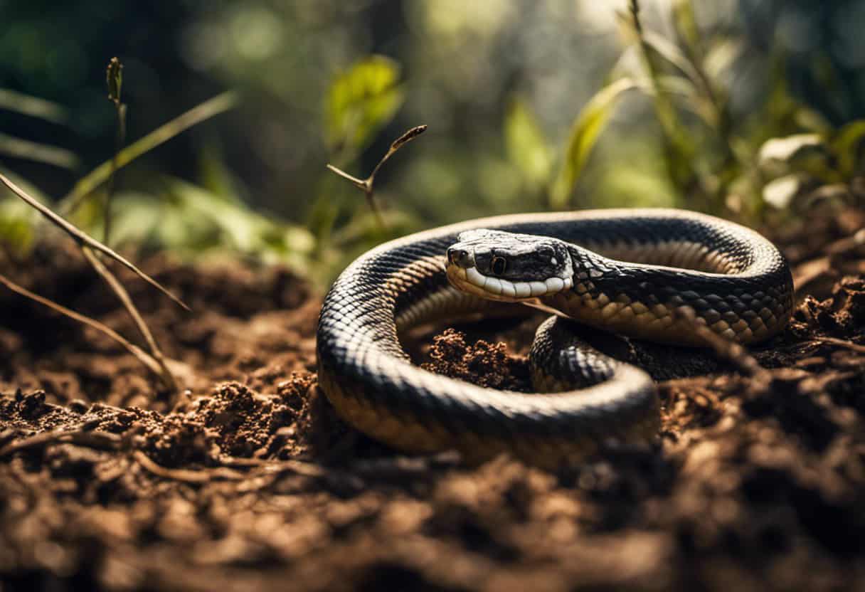 An image showcasing a burrowing snake effortlessly weaving through loose soil, its elongated body undulating in a serpentine motion