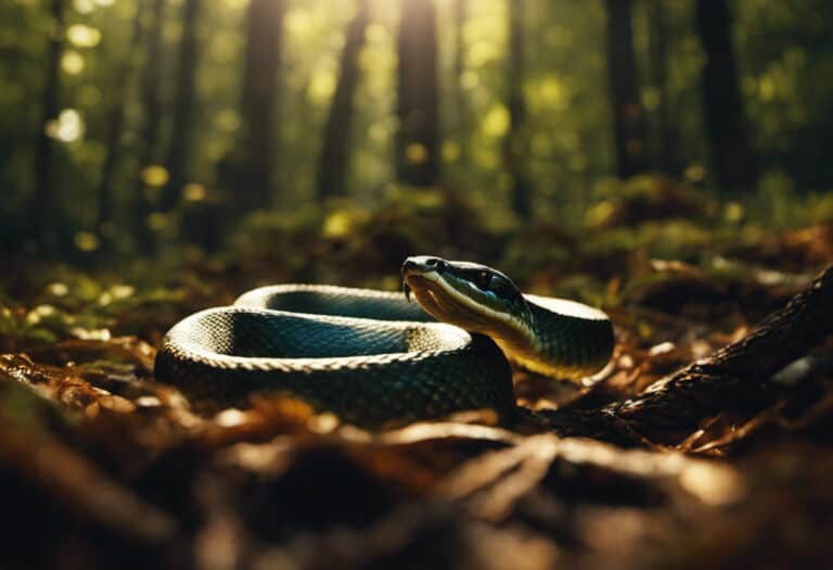 An image depicting a snake's sinuous body gliding across a textured forest floor, showcasing its muscular undulations and scales glistening in the sunlight, as it effortlessly navigates its surroundings without legs