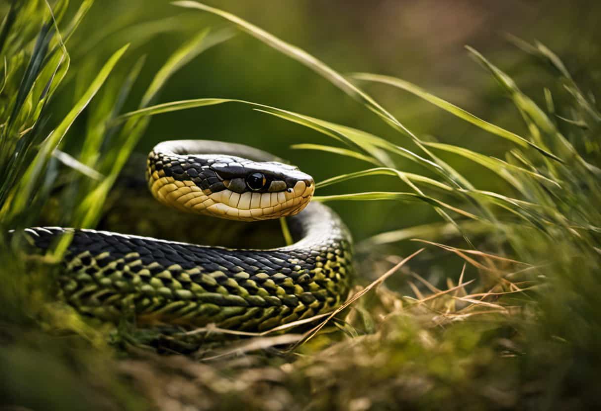An image depicting a snake slithering through tall grass, its body undulating in a serpentine motion