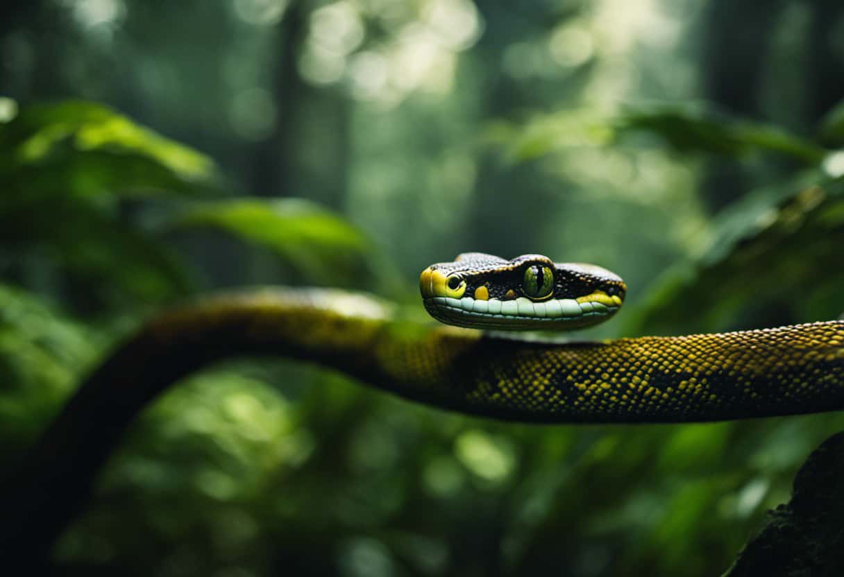 An image showcasing a vibrant rainforest background, with a snake elegantly gliding across a branch, its muscular body effortlessly curving and undulating to adapt and conquer the challenging terrain