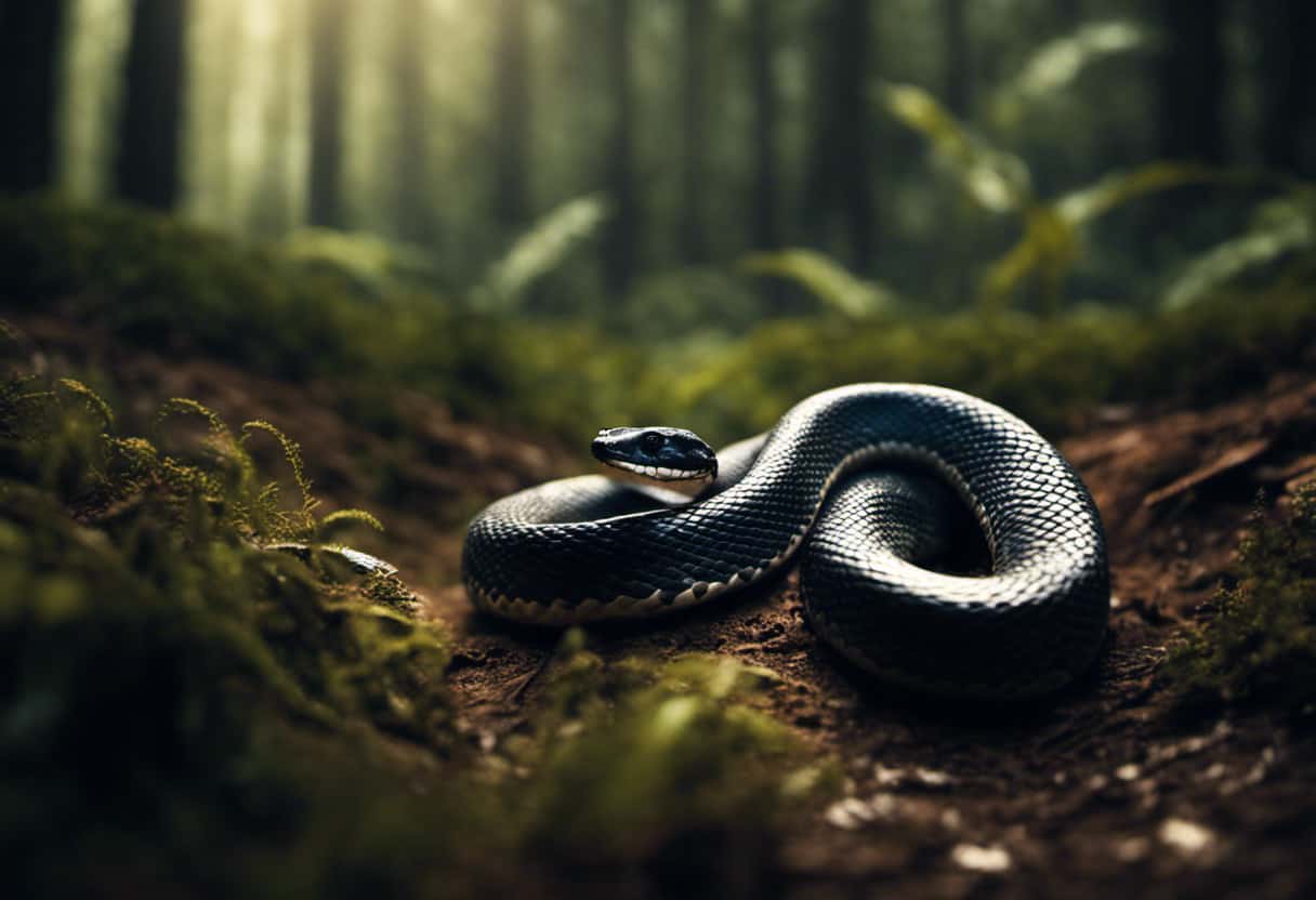 An image depicting a snake gracefully gliding across a textured forest floor, showcasing the influence of its sinuous body, muscular contractions, and weight distribution on its remarkable, legless movement