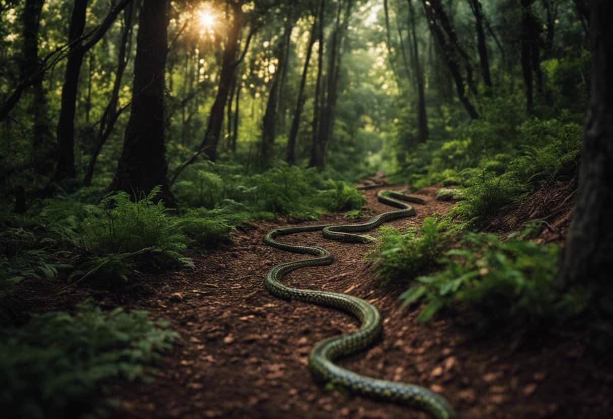 An image of a winding, serpentine path cutting through a dense forest, disappearing into the horizon