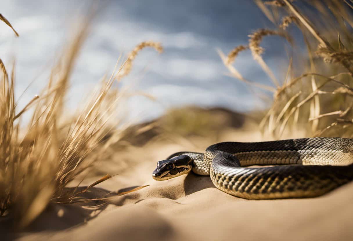 An image that showcases the diverse locomotion methods of snakes: a sidewinding rattlesnake effortlessly gliding across sand dunes, a tree python gracefully climbing up a branch, and a black mamba swiftly slithering through tall grass