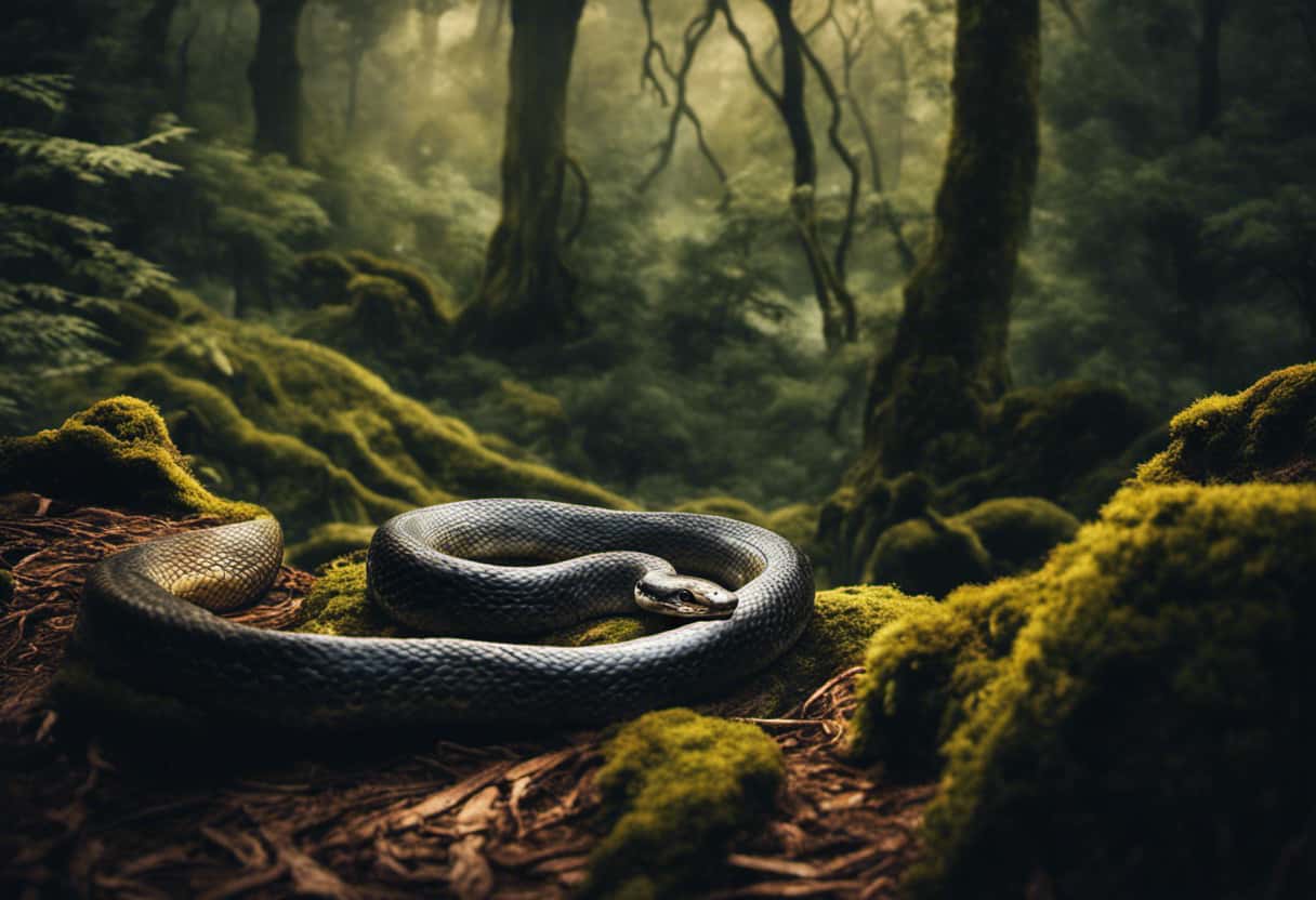 An image depicting a vast forest landscape with a winding river, showcasing a large snake coiled around a tree trunk, emphasizing the immense size of snake territories in their natural habitat