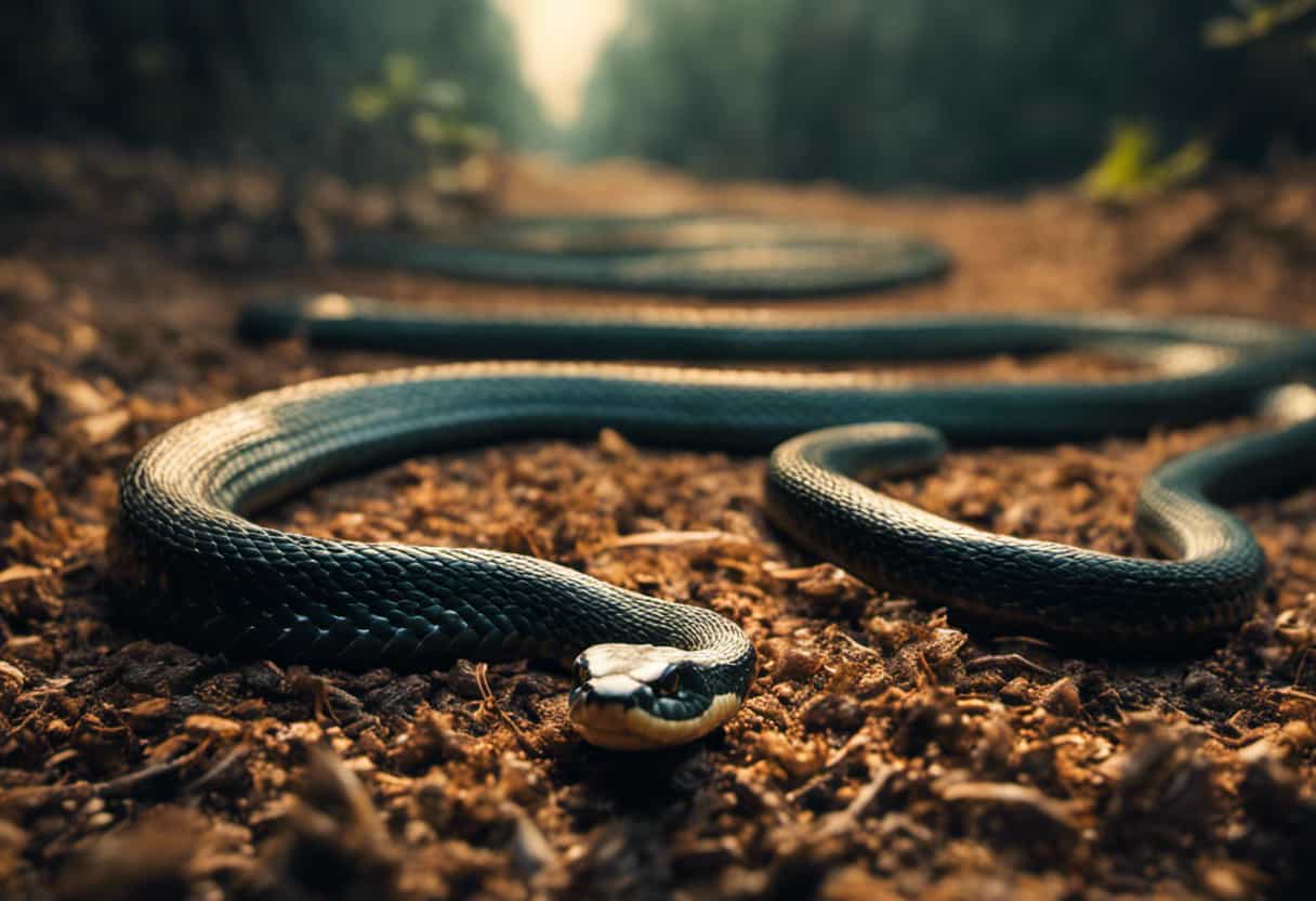 An image showcasing a snake slithering across a track, vividly portraying the reptile's sleek scales rippling in motion, while a blurred human figure runs alongside, highlighting the striking difference in speed between the two