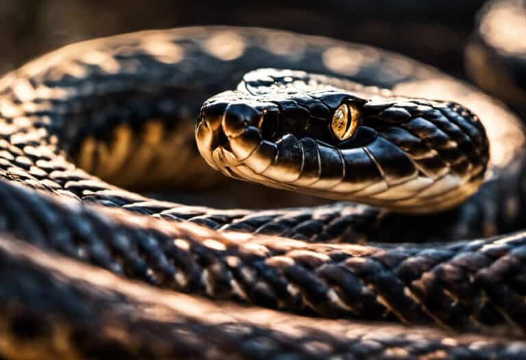 An image showcasing the mesmerizing speed of snakes: a striking serpent, body coiled, poised to strike, muscles tense, scales glistening in the sunlight, capturing the essence of their lightning-fast movement