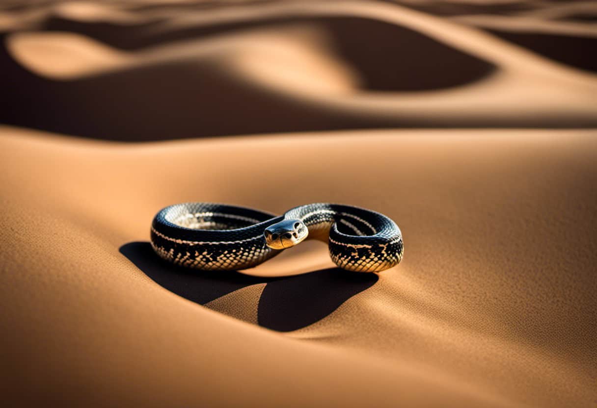 An image capturing the mesmerizing spectacle of a sidewinding snake gliding effortlessly across desert sand, its sleek body contorted into graceful curves, showcasing the unique locomotion technique of sidewinding