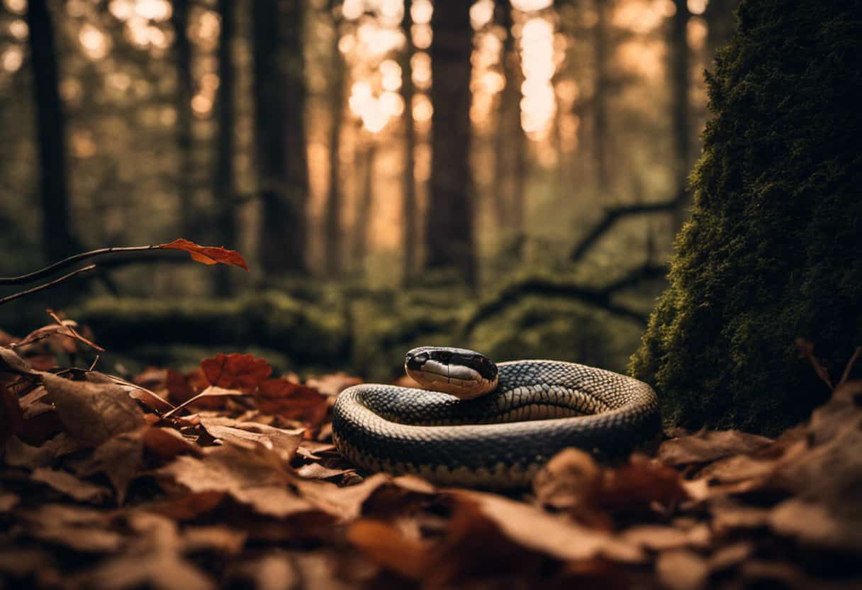 An image showcasing a dense forest with a fading sunset backdrop, where a majestic wild snake effortlessly slithers amidst fallen leaves, emphasizing its resilience to prolonged periods without sustenance